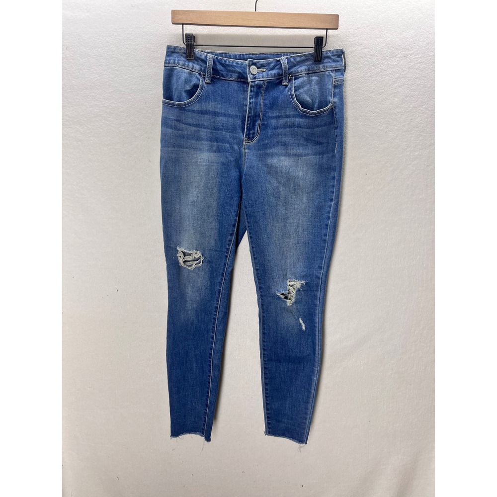 Maurices Skinny Jeans Women Size M Medium Blue Distressed High Rise Raw Hem 3445